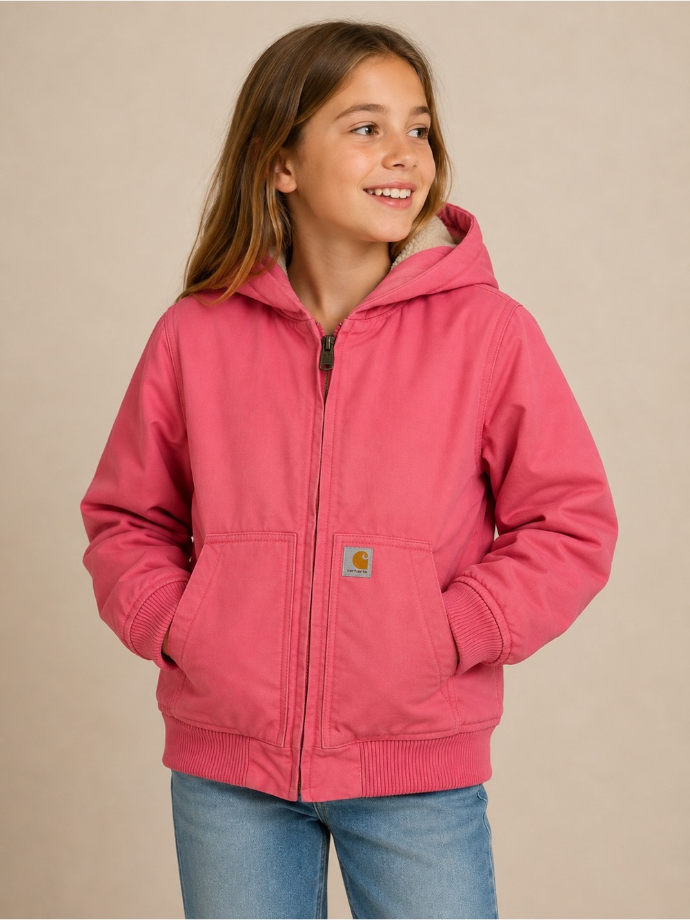 Carhartt Youth M 10-12 Coat Duck Canvas Girls Sherpa Lined Hooded Jacket Pink